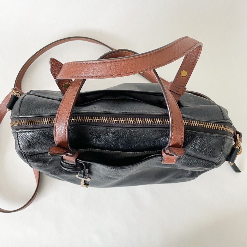 Fossil 100% Leather Black and Cognac Rachel Satchel Purse - Picture 2 of 7